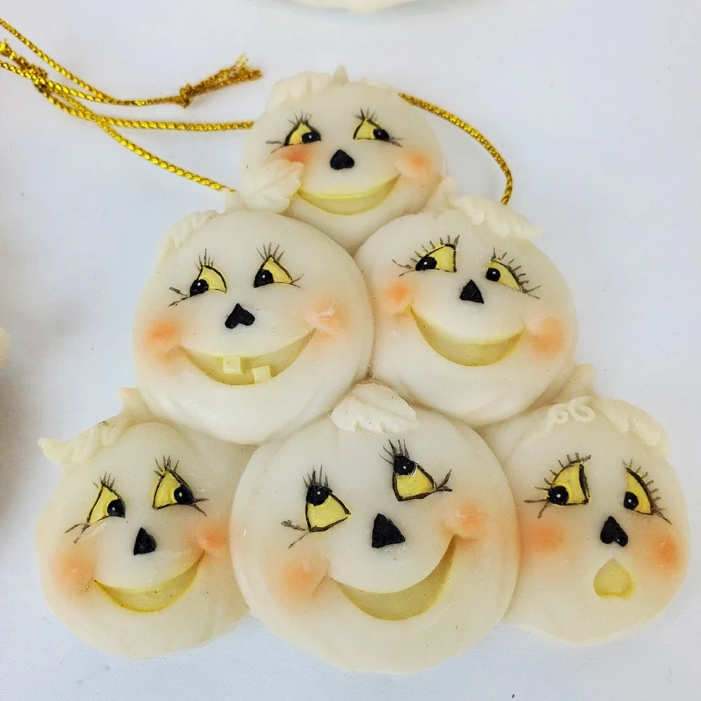 4 Vintage Witch Scarecrow Pumpkin Ceramic Resin Halloween Ornaments Off White